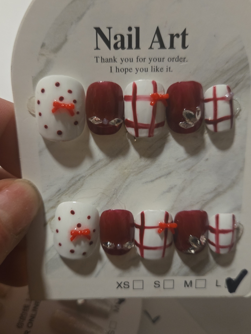White & Burgundy Nail Art Set with Red Accent Bows
